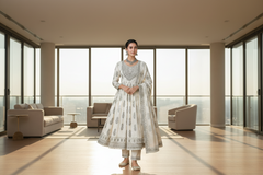 Mul Cotton Printed Salwar Kameez Set with Zari & Sequin Embroidery | Ethnic Anarkali Style Suit with Dupatta for Women | Festive & Casual Wear