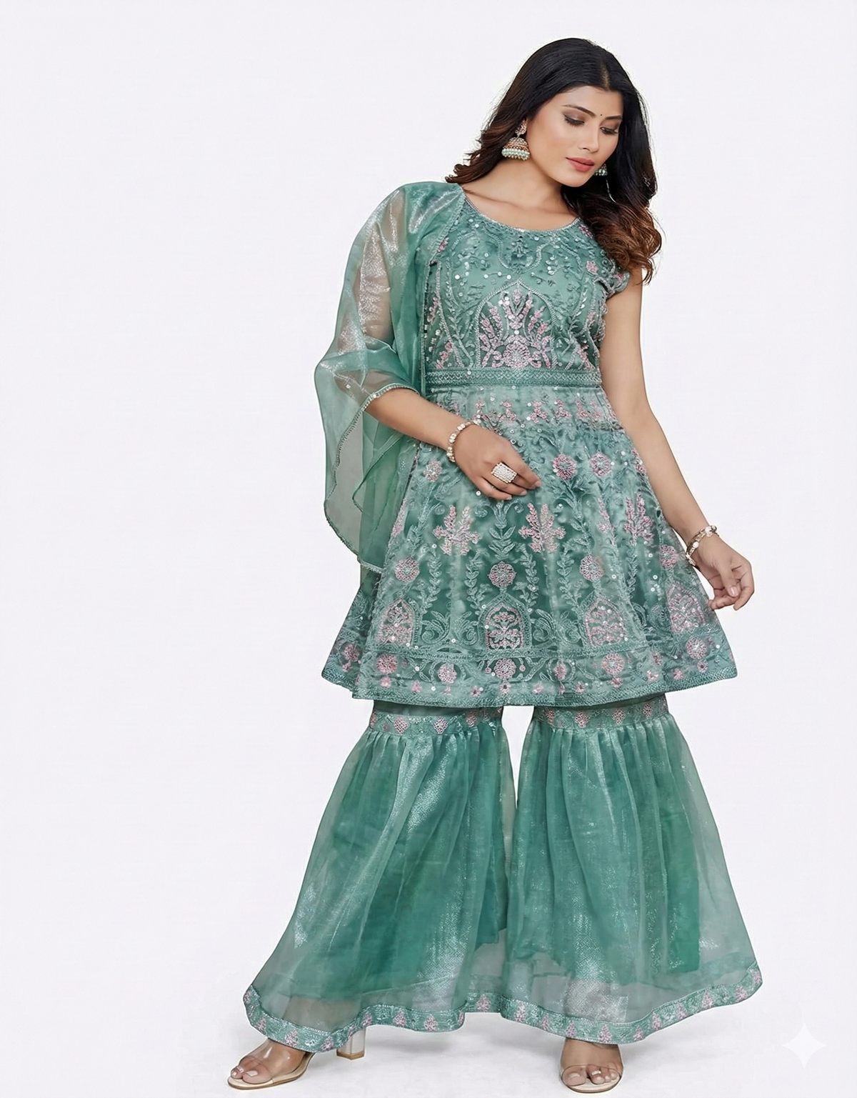 Women's Premium Organza Sharara Suit Set - Silver Zari Embroidered Sleeveless Short Kurti with Flared Sharara & Dupatta - Elegant Indian Ethnic Party Wear Outfit