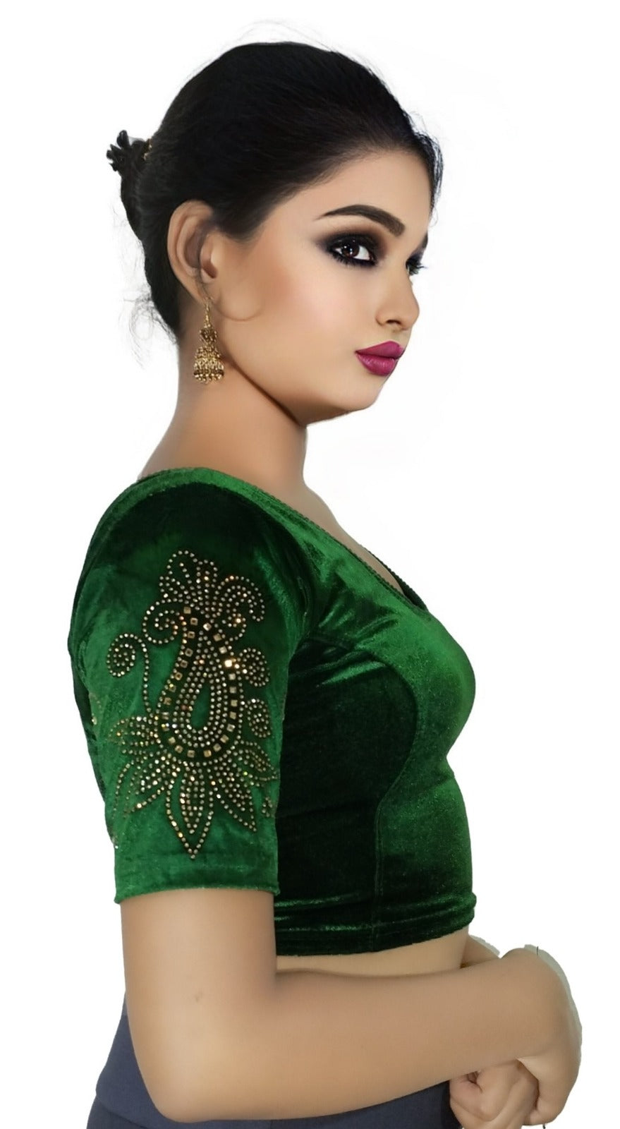 StylesIndia Women's Stretchable Velvet Blouse with Stone Work Embellishments | Deep U-Back Designer Saree Blouse | Festive & Party Wear DNO:555