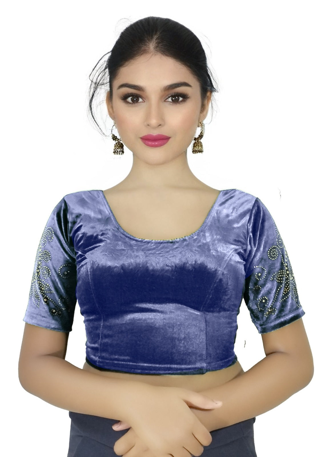 StylesIndia Women's Stretchable Velvet Blouse with Stone Work Embellishments | Deep U-Back Designer Saree Blouse | Festive & Party Wear DNO:555