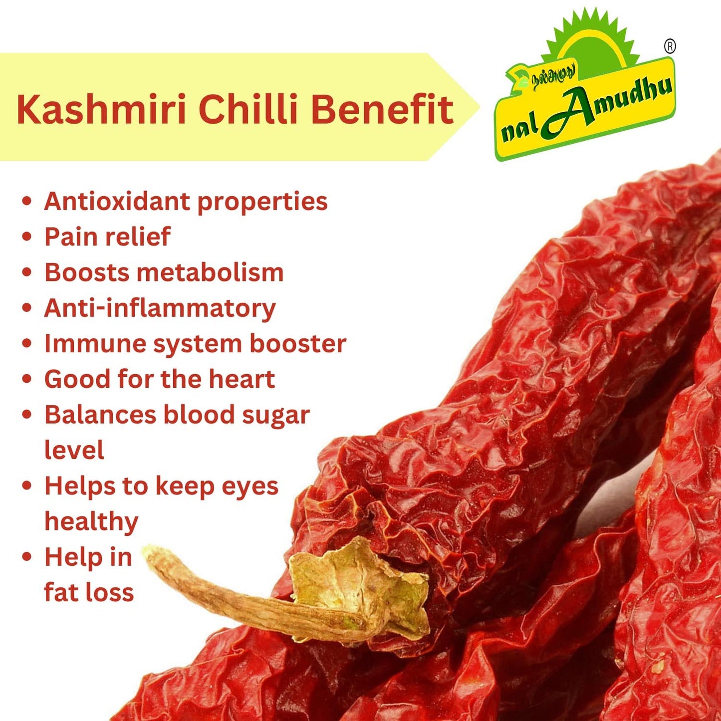 nalAmudhu Dried Kashmiri Chili | Red Chili Whole | Kaddi Byadgi Chilli | Kashmiri Chillies-200gm