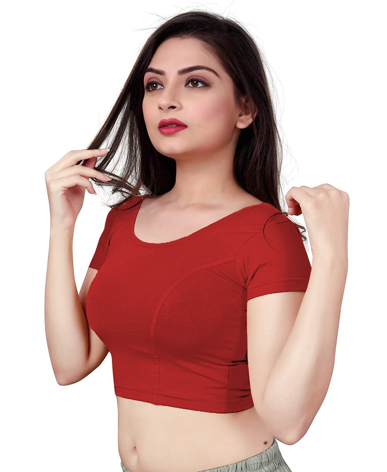 StylesIndia Women's Designer Cotton Lycra Blouse | Back Knot Cut-Out Tassel Design | Stretchable Crop Top for Sarees & Lehengas DNO:136