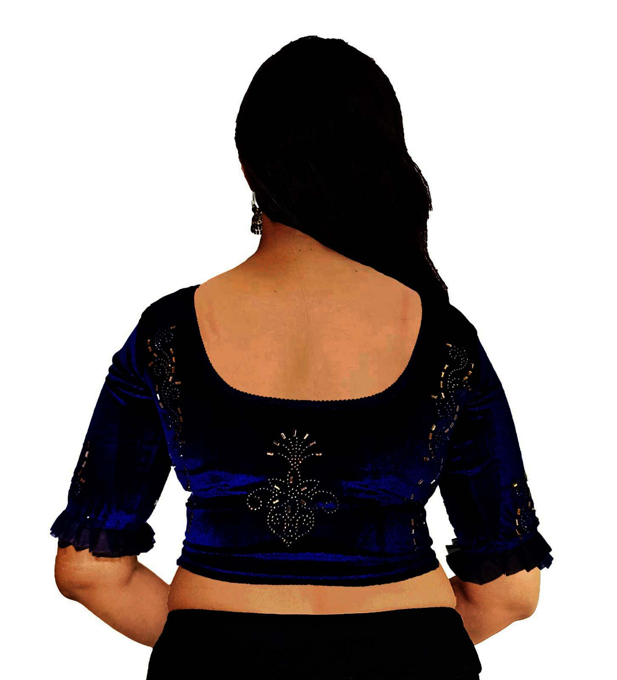 StylesIndia Women's Velvet Designer Blouse with Golden Stone Work | Deep U-Back Party Wear Blouse | Festive & Bridal Saree Blouse DNO:551