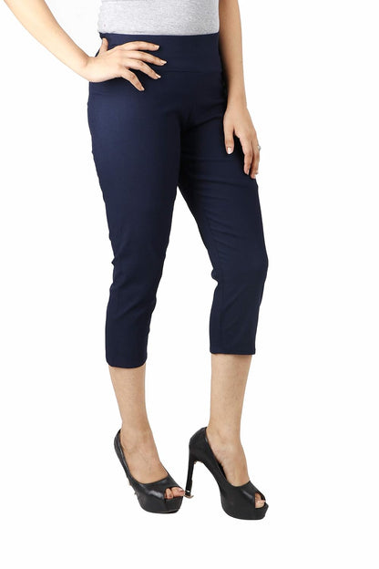 Stylesindia Women's Regular Fit Plain 3/4th Capri Pants - XL Navy