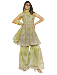 Women's Premium Organza Sharara Suit Set - Silver Zari Embroidered Sleeveless Short Kurti with Flared Sharara & Dupatta - Elegant Indian Ethnic Party Wear Outfit