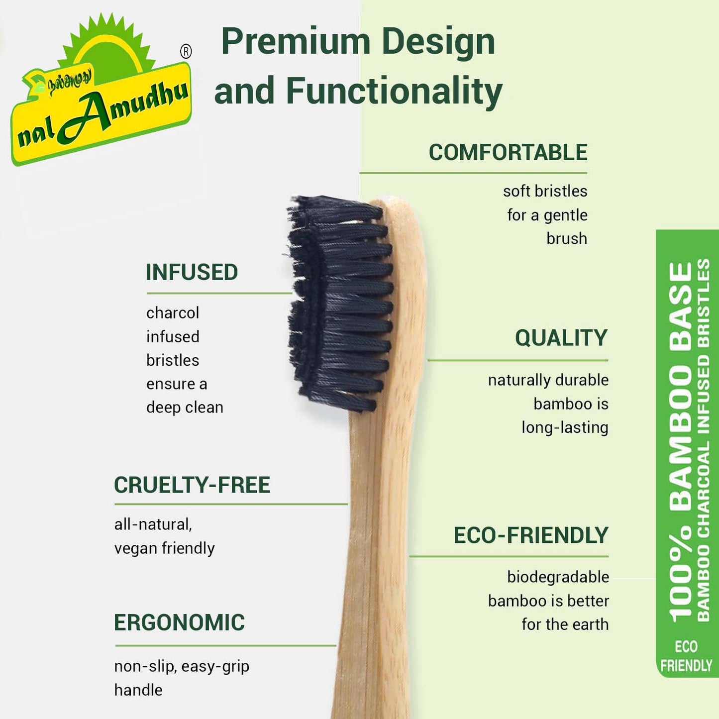 nalAmudhu Bamboo Toothbrush with Charcoal Activated Soft Bristles - Gentle on Teeth, Light Weight, Eco Friendly,Vegan, Natural & Zerowaste-Dental & Oral Care - Pack of 4