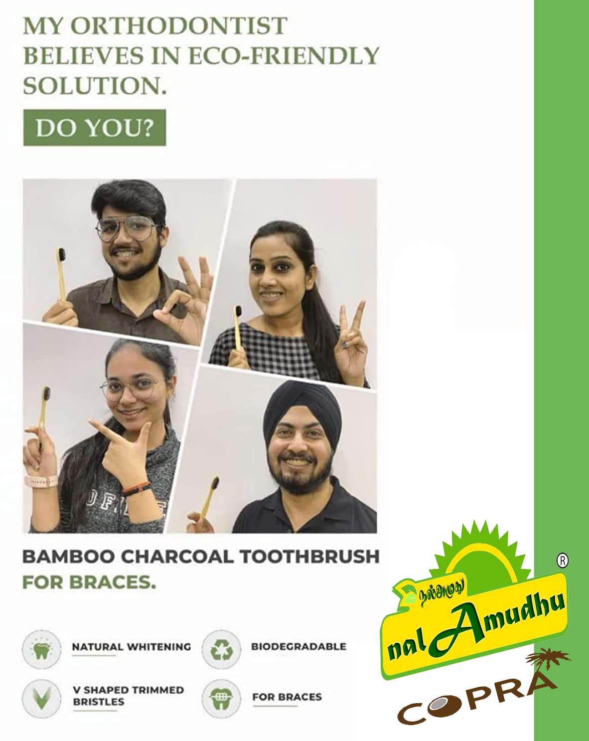 nalAmudhu Bamboo Toothbrush with Charcoal Activated Soft Bristles - Gentle on Teeth, Light Weight, Eco Friendly,Vegan, Natural & Zerowaste-Dental & Oral Care - Pack of 4