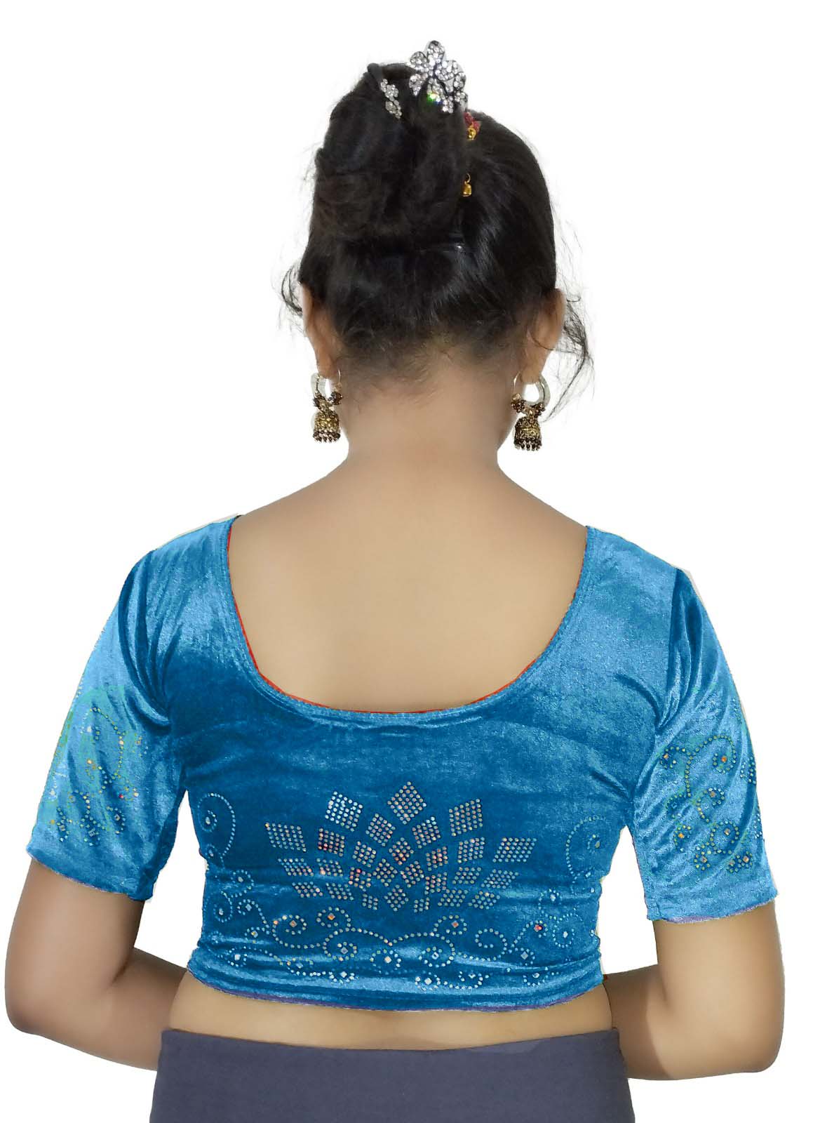 StylesIndia Women's Stretchable Velvet Blouse with Stone Work Embellishments | Deep U-Back Designer Saree Blouse | Festive & Party Wear DNO:555