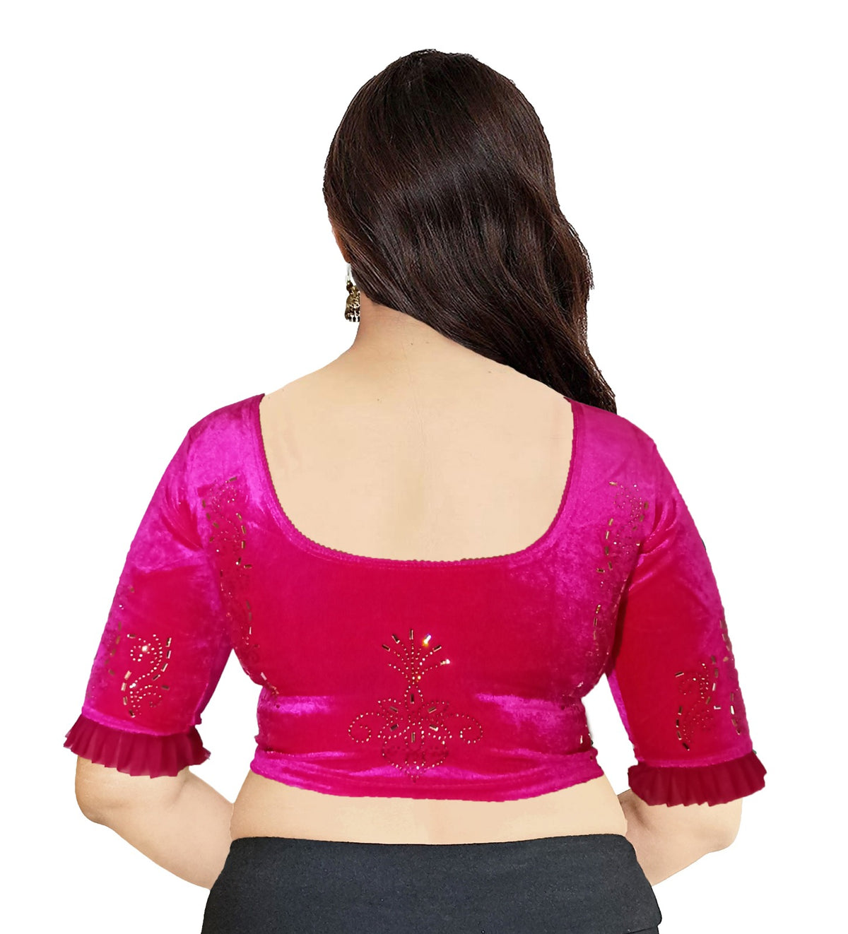 StylesIndia Women's Stretchable Velvet Blouse with Stone Work Embellishments | Deep U-Back Designer Saree Blouse | Festive & Party Wear DNO:555