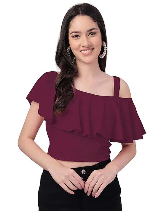 Stylesindia Womens Dressy Casual Tops Business Work Blouses Solid Flared Crop Top Round Neck Stretchable Top for Girls