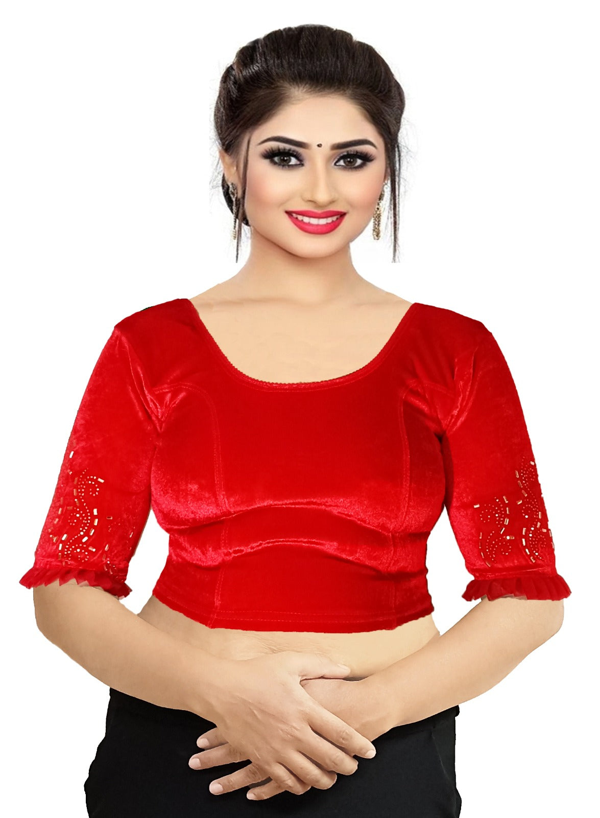 StylesIndia Women's Velvet Designer Blouse with Golden Stone Work | Deep U-Back Party Wear Blouse | Festive & Bridal Saree Blouse DNO:551