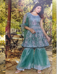 Women's Premium Organza Sharara Suit Set - Silver Zari Embroidered Sleeveless Short Kurti with Flared Sharara & Dupatta - Elegant Indian Ethnic Party Wear Outfit