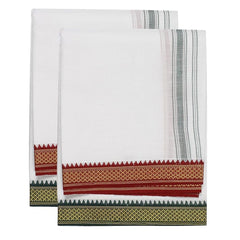 Single Layer Cotton Dhoti 1.8mts Vesti Mundu Ethnic Dress Thalapathy Style Border-White (Pack of 2)