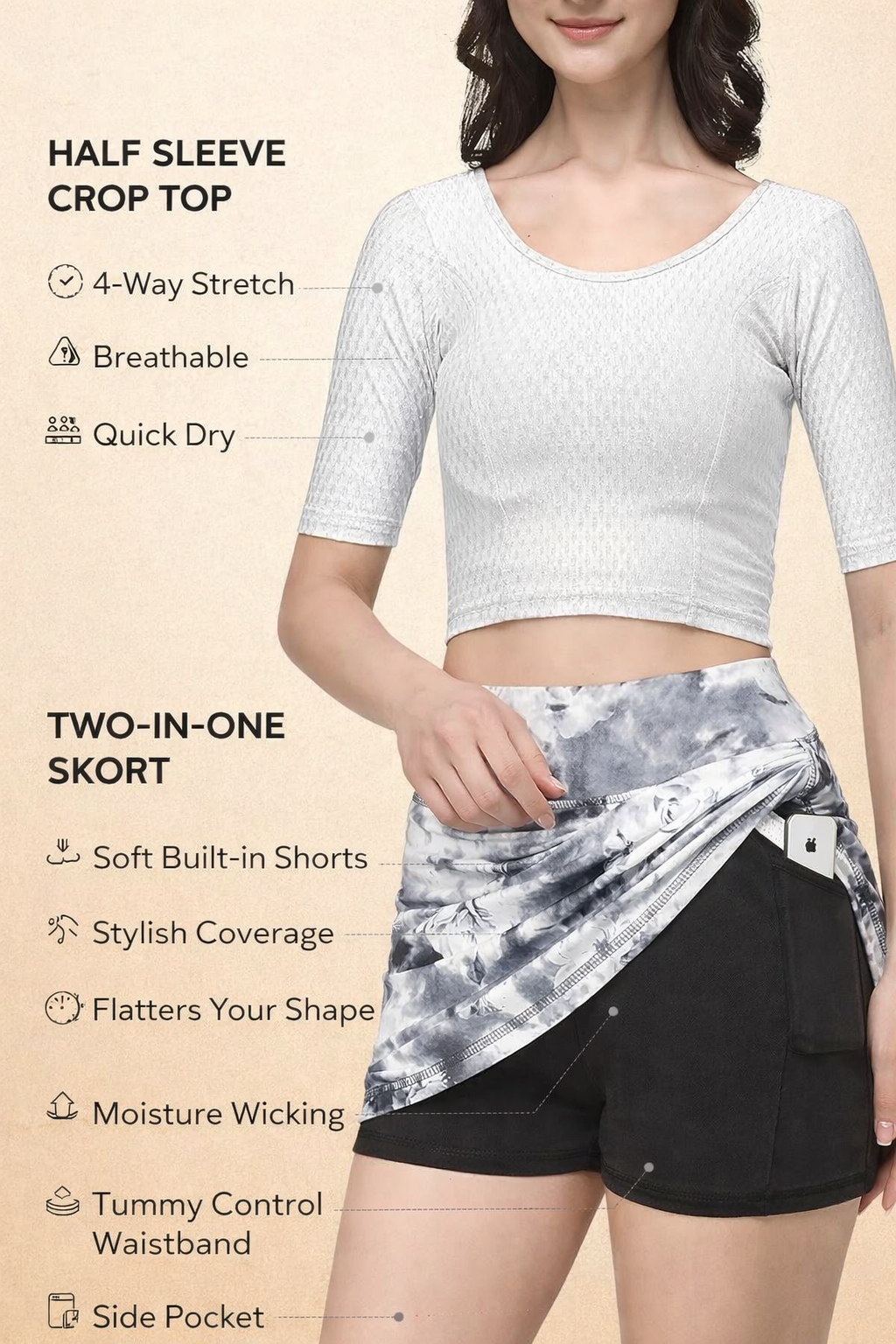Stylesindia Women’s 2-Piece Activewear Bundle – Stretchable Skort with Built-in Shorts & Half Sleeve Textured Crop Blouse | Comfortable, Breathable, Everyday Wear Set