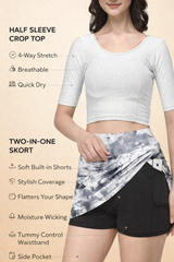 Stylesindia Women’s 2-Piece Activewear Bundle – Stretchable Skort with Built-in Shorts & Half Sleeve Textured Crop Blouse | Comfortable, Breathable, Everyday Wear Set