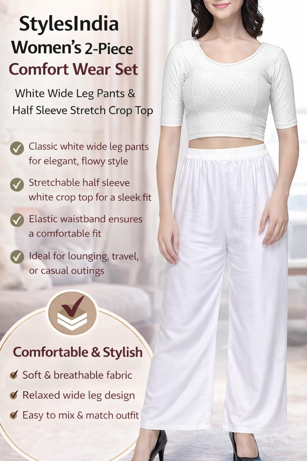 Women’s 2-Piece Lounge & Casual Set – White Wide Leg Pants with Elastic Waist & Half Sleeve Stretch Crop Top | Comfortable Everyday Wear Outfit