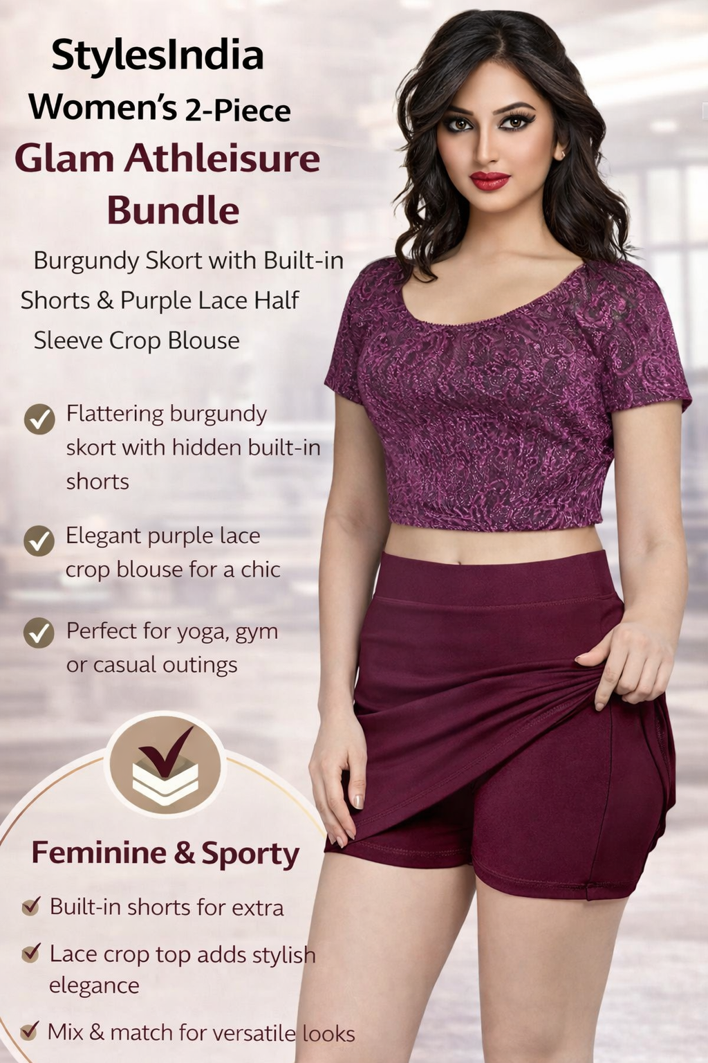 Women’s 2-Piece Athleisure & Casual Set – Stretchable Skort with Built-in Shorts & Lace Half Sleeve Crop Blouse | Stylish Comfort Wear Outfit