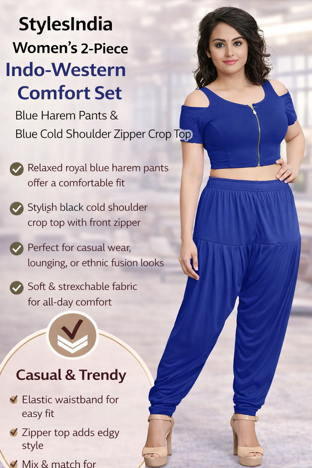 Women’s 2-Piece Co-Ord Set – Stretchable Blue Harem Pants with Elastic Waist & Cold Shoulder Zipper Crop Top | Indo-Western Casual Outfit