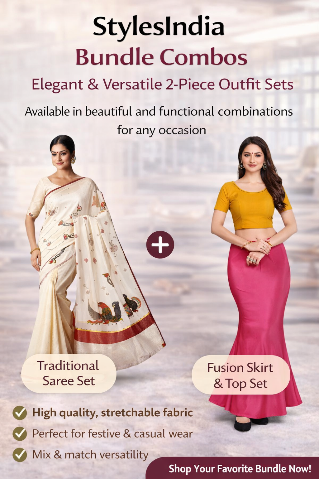 Women’s Ethnic & Fusion Bundle – Traditional Saree with Designer Blouse & Stretchable Skirt Top Set | Festive & Party Wear Combo