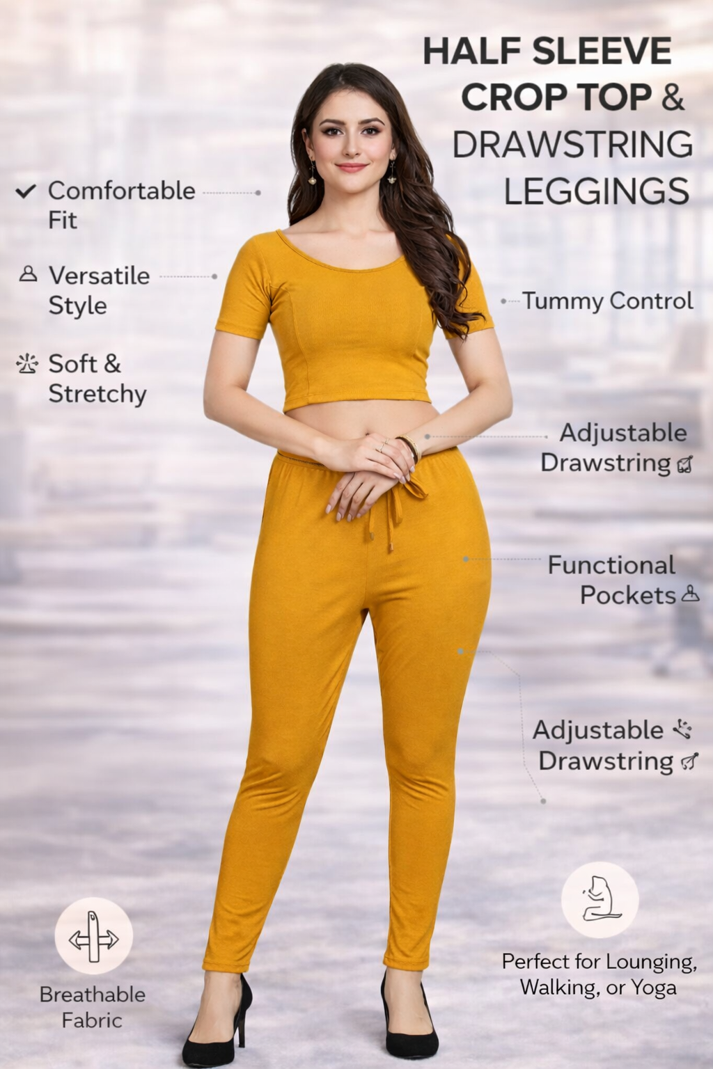 Women’s 2-Piece Co-Ord Set – Mustard Stretchable Pants with Elastic Waist & Half Sleeve Crop Top | Casual, Lounge & Everyday Wear Outfit