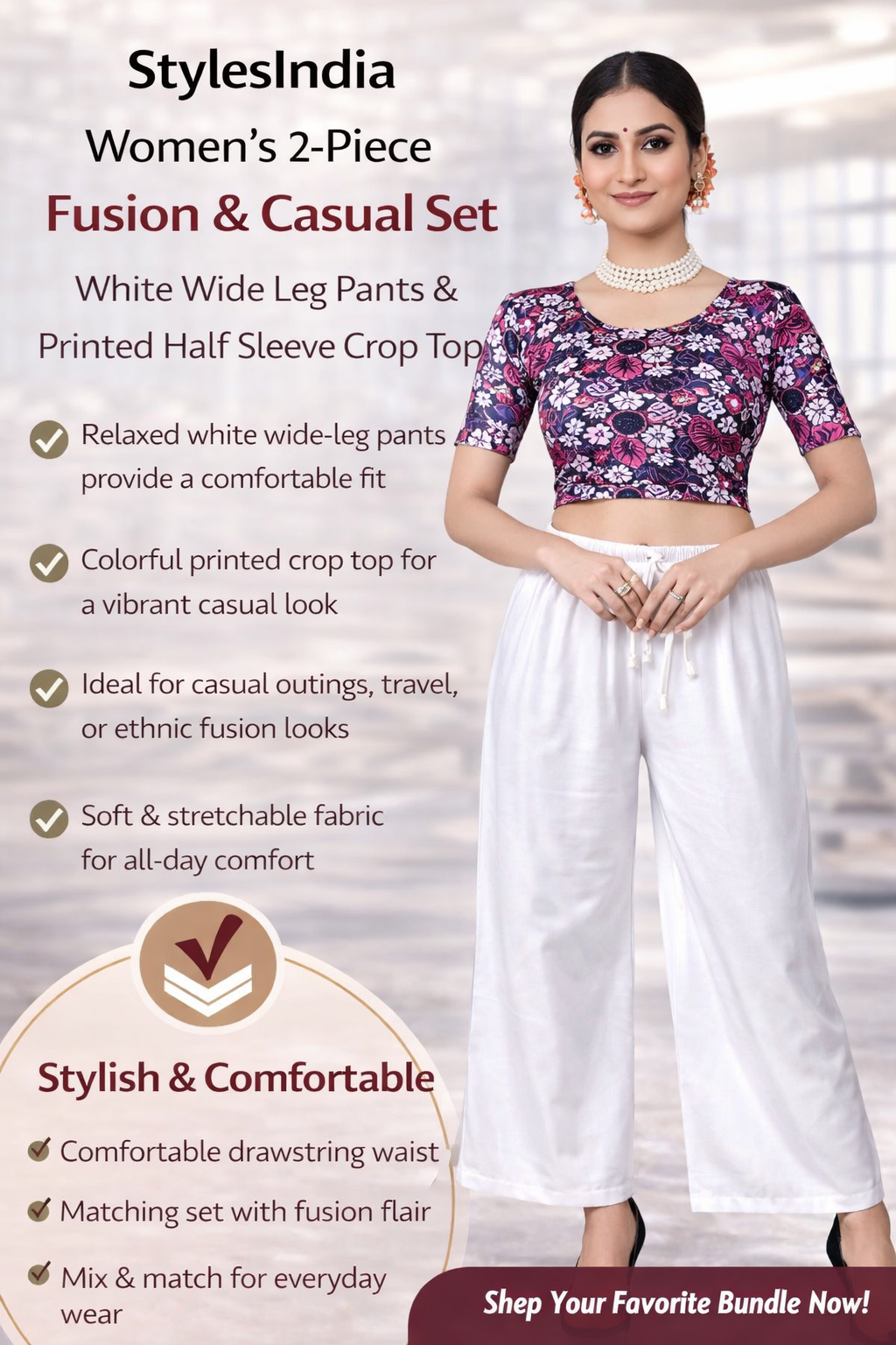 Women’s 2-Piece Fusion Set – White Wide Leg Pants with Elastic Waist & Printed Half Sleeve Crop Blouse | Casual, Ethnic & Indo-Western Wear