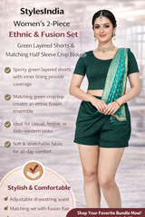 Women’s 2-Piece Ethnic Fusion Set – Stretchable Layered Skort/Shorts with Built-in Shorts & Half Sleeve Crop Blouse | Casual, Festive & Indo-Western Wear