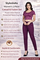 Women’s 2-Piece Cotton Co-Ord Set – Stretchable Cotton Pants with Elastic Drawstring Waist & Printed Half Sleeve Crop Top | Casual & Everyday Wear