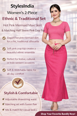 Women’s 2-Piece Ethnic Set – Hot Pink Mermaid Maxi Skirt with Drawstring Waist & Matching Half Sleeve Crop Top | Festive & Traditional Wear